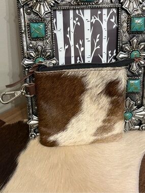 Cowhide Zip Pouch Wallet - Brown & White